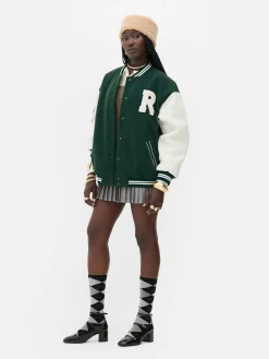 Rita Ora Bouclé Letter Varsity Jacket