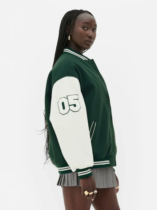 Rita Ora Bouclé Letter Varsity Jacket