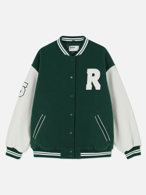 Rita Ora Bouclé Letter Varsity Jacket