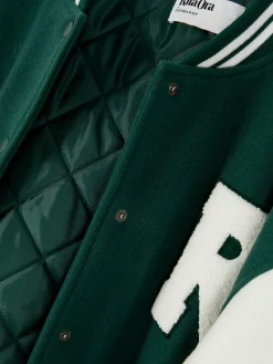 Rita Ora Bouclé Letter Varsity Jacket
