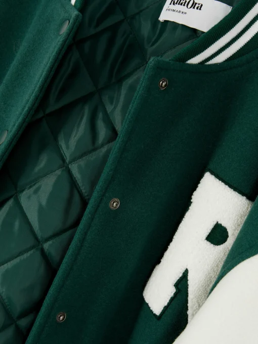 Rita Ora Bouclé Letter Varsity Jacket