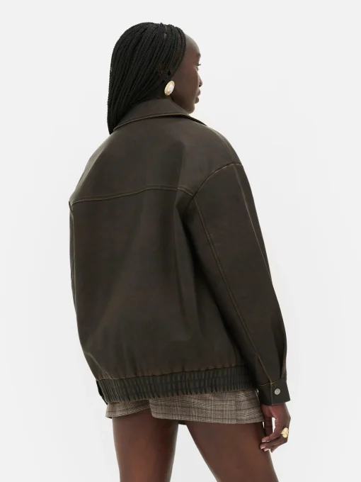 Rita Ora Faux Leather Distressed Bomber Jacket
