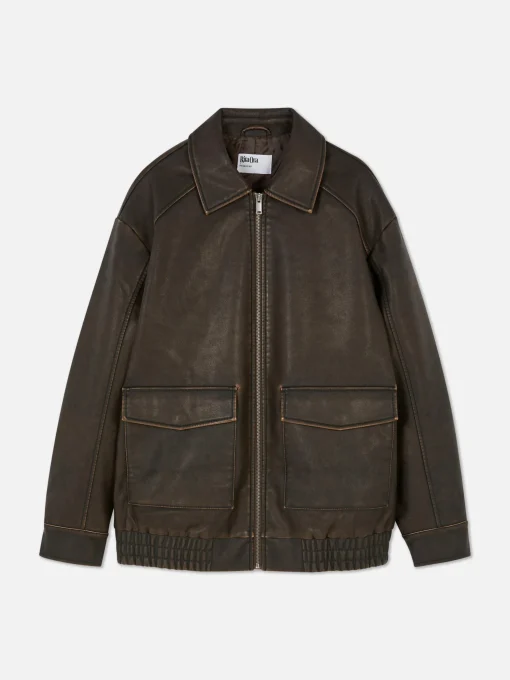 Rita Ora Faux Leather Distressed Bomber Jacket