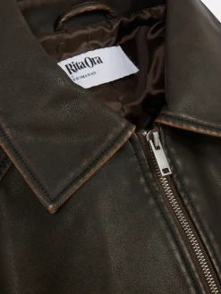 Rita Ora Faux Leather Distressed Bomber Jacket