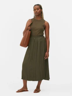Satin Pleated Midi Skirt