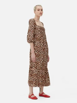 Square Neck Leopard Midi Dress