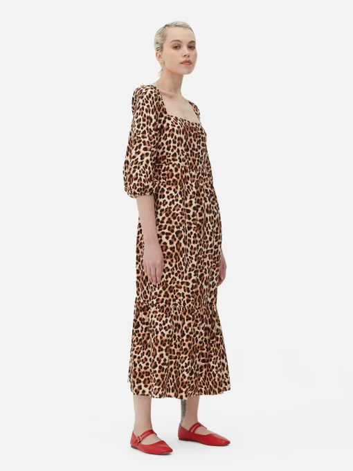 Square Neck Leopard Midi Dress