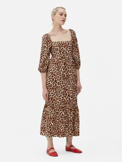 Square Neck Leopard Midi Dress