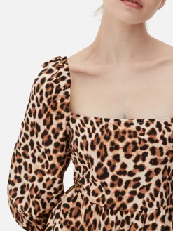 Square Neck Leopard Midi Dress