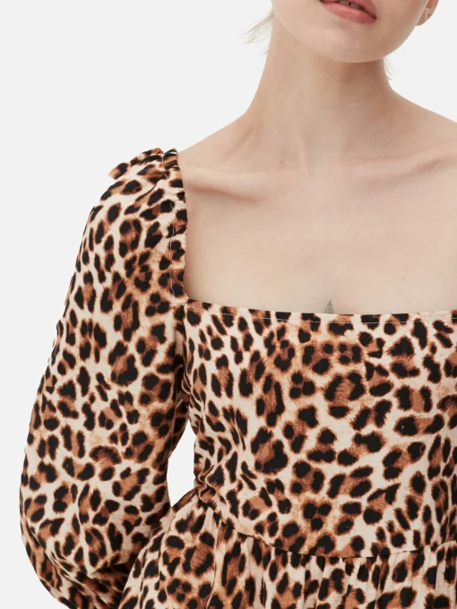 Square Neck Leopard Midi Dress