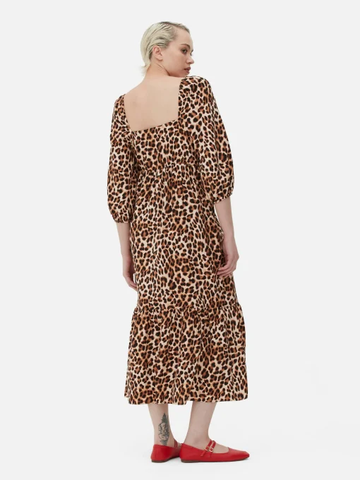 Square Neck Leopard Midi Dress