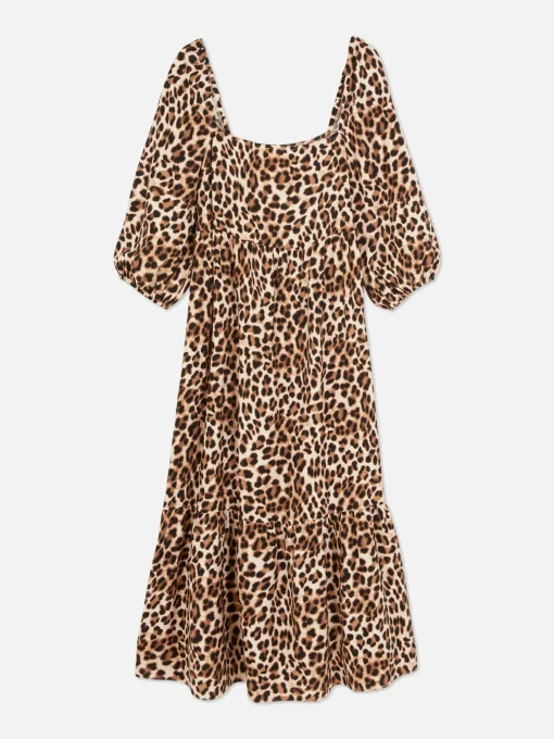 Square Neck Leopard Midi Dress
