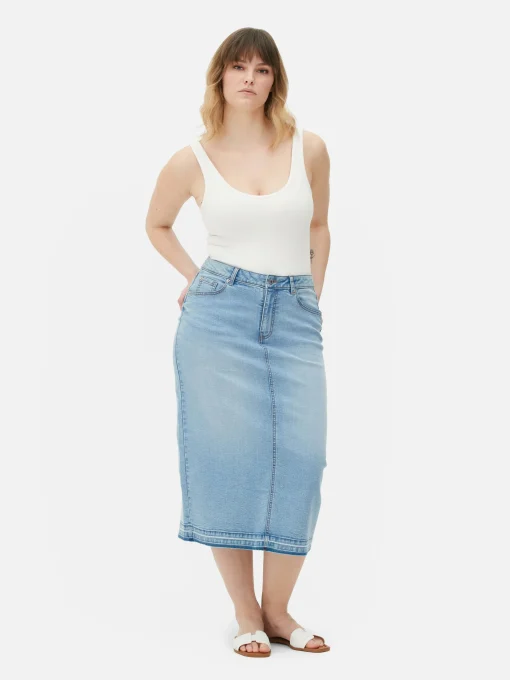 Stretch Denim Midi Skirt