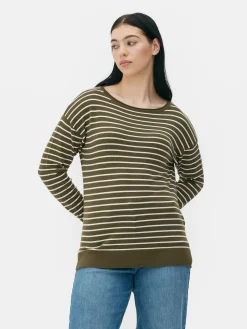 Striped Boat Neck Fine Knit Sweater