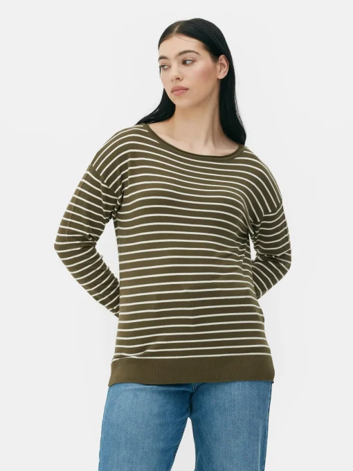 Striped Boat Neck Fine Knit Sweater