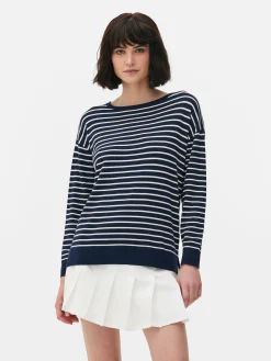 Striped Boat Neck Fine Knit Sweater