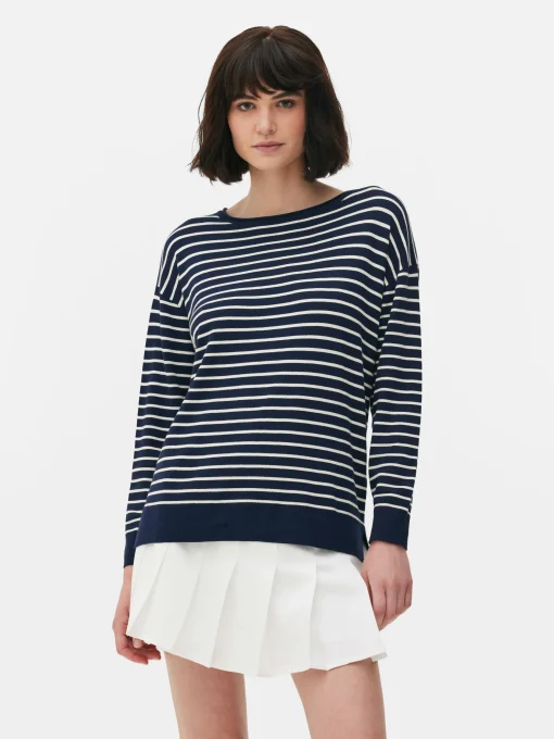 Striped Boat Neck Fine Knit Sweater