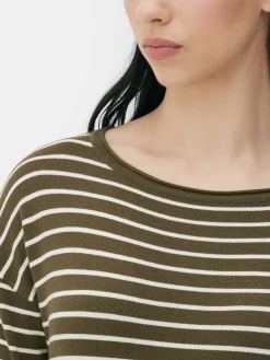 Striped Boat Neck Fine Knit Sweater