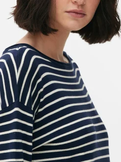 Striped Boat Neck Fine Knit Sweater