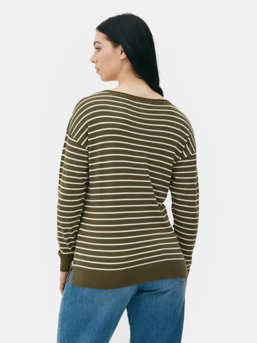 Striped Boat Neck Fine Knit Sweater