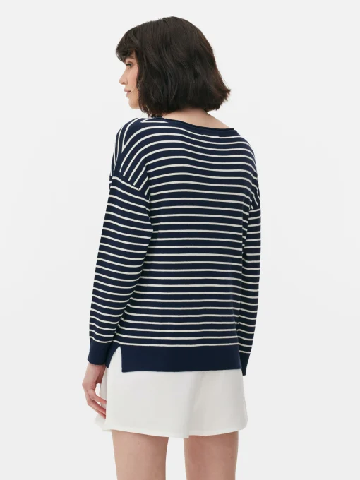 Striped Boat Neck Fine Knit Sweater