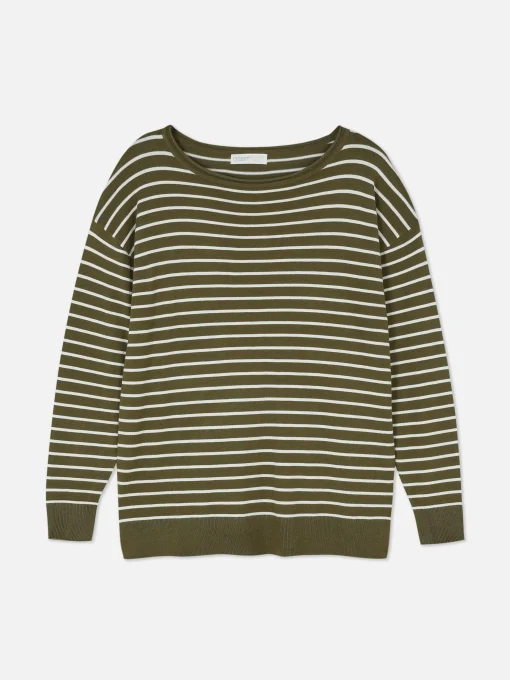 Striped Boat Neck Fine Knit Sweater