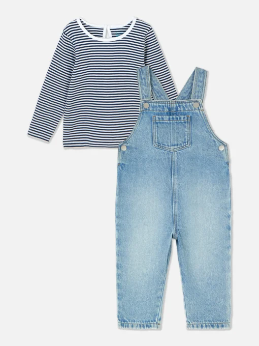 Striped Long Sleeve T-Shirt And Denim Overalls Set