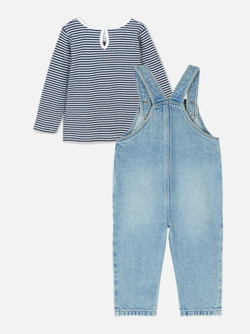 Striped Long Sleeve T-Shirt And Denim Overalls Set
