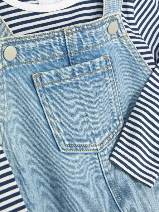 Striped Long Sleeve T-Shirt And Denim Overalls Set
