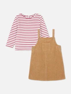 Striped T-shirt And Corduroy Pinafore Dress Set