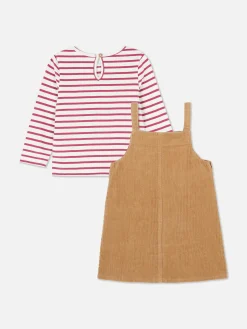 Striped T-shirt And Corduroy Pinafore Dress Set