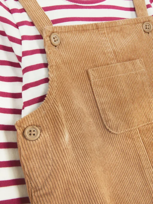 Striped T-shirt And Corduroy Pinafore Dress Set