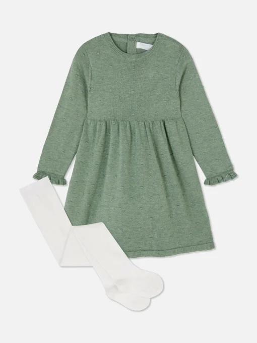 Swiss Dot Knit Dress And Tights Set