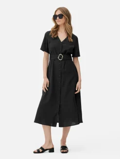 V-Neck Belted Midi Dress