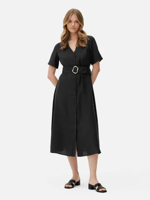 V-Neck Belted Midi Dress