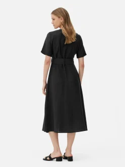 V-Neck Belted Midi Dress