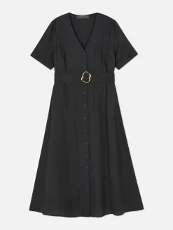 V-Neck Belted Midi Dress
