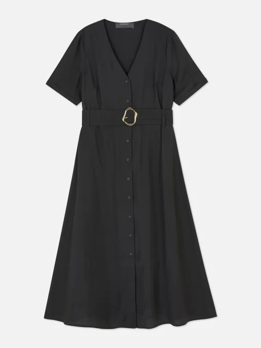 V-Neck Belted Midi Dress