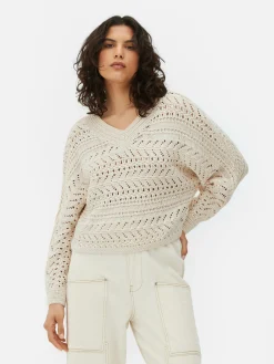 V-Neck Pointelle Knit Sweater