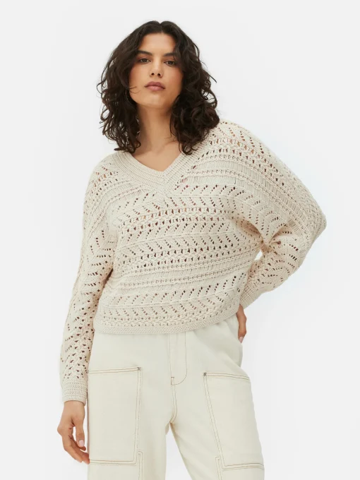 V-Neck Pointelle Knit Sweater