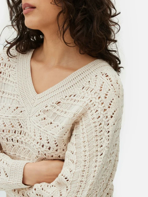 V-Neck Pointelle Knit Sweater