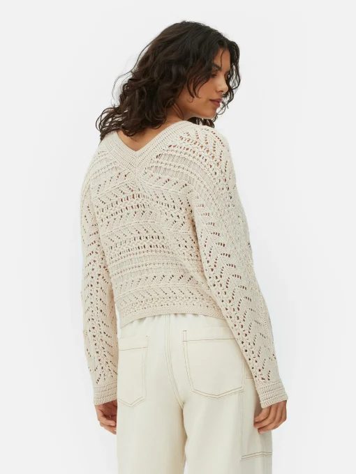 V-Neck Pointelle Knit Sweater