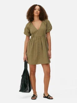 V-Neck Puff Sleeve Smock Dress
