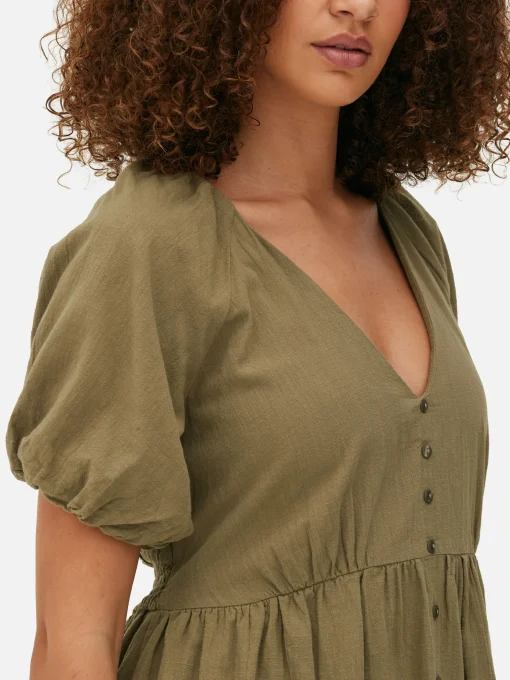 V-Neck Puff Sleeve Smock Dress