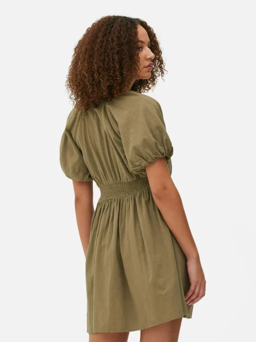 V-Neck Puff Sleeve Smock Dress