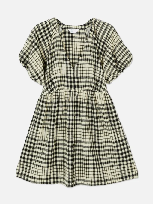 V-Neck Puff Sleeve Smock Dress