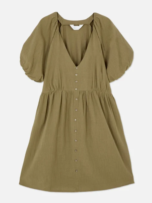 V-Neck Puff Sleeve Smock Dress